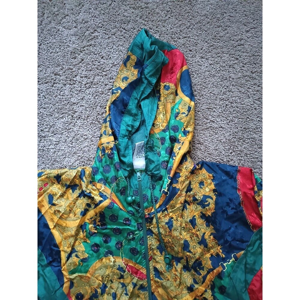 Vintage Windbreaker Jacket Women's Medium Green Baroque Full Zip Hooded 90s - Picture 4 of 8